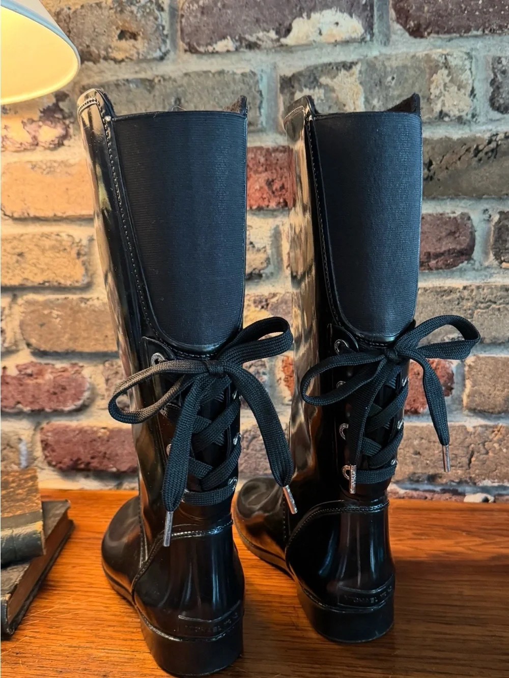 MICHAEL Michael Kors Black Patent Back-Lace Rain Boots • Glossy Black • Size 7